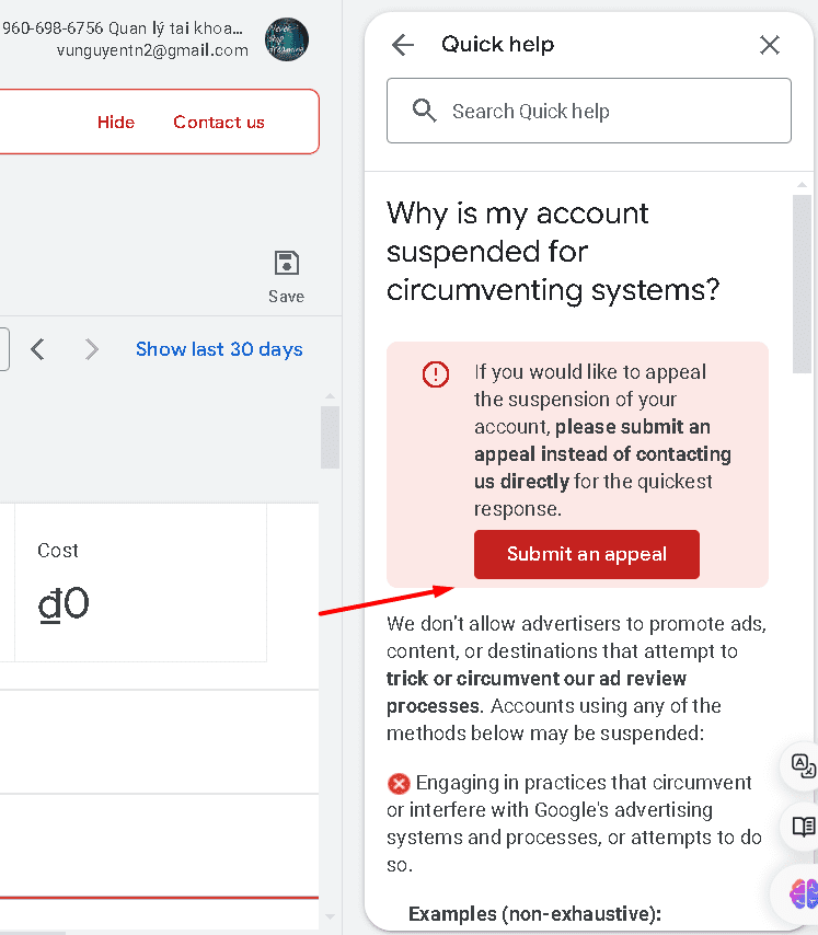Khắc phục lỗi google ads "Your account is suspended Your account violated  the Circumventing systems policy." - VU2DAY