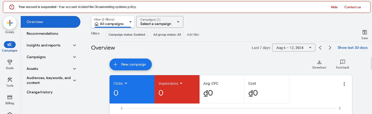Khắc phục lỗi google ads "Your account is suspended Your account violated  the Circumventing systems policy." - VU2DAY